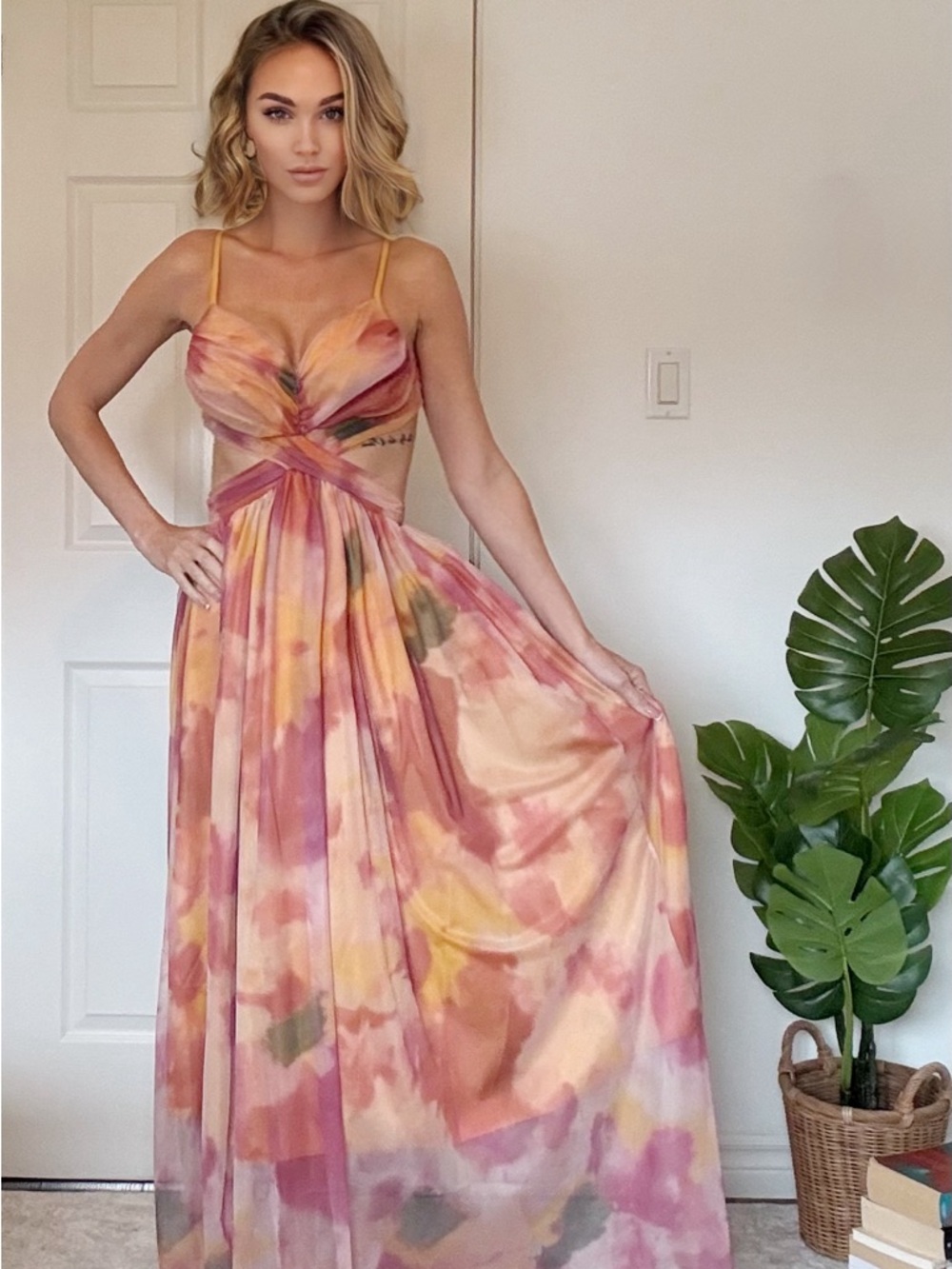 Flowy Pink Tie-Dye Maxi Dress with Spaghetti Straps